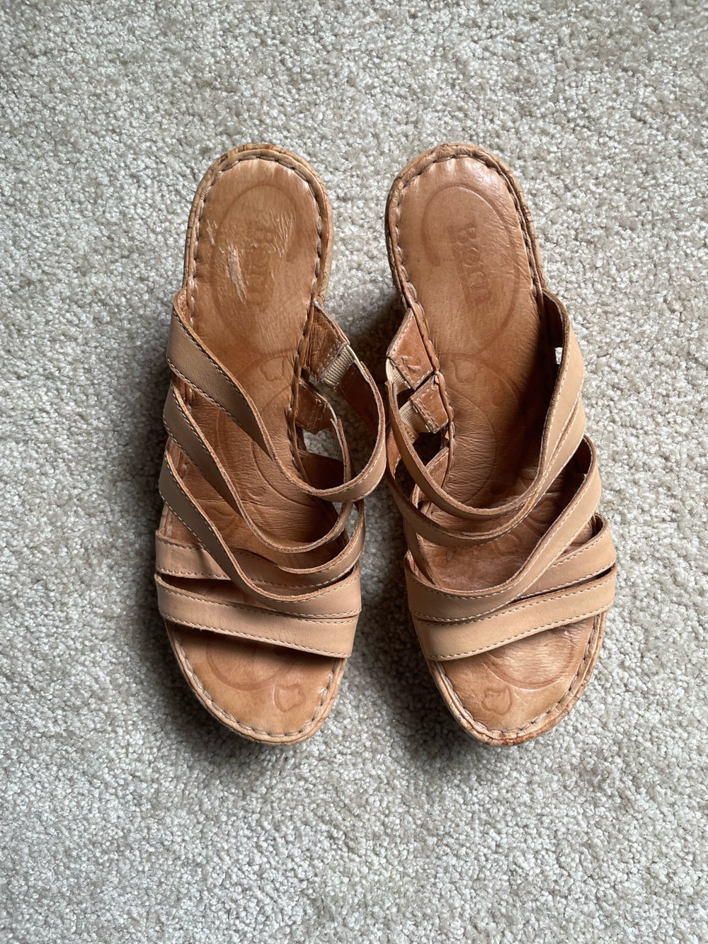 Born Tan Leather Strappy Cork Wedge Sandals Sz 9 Good Condition